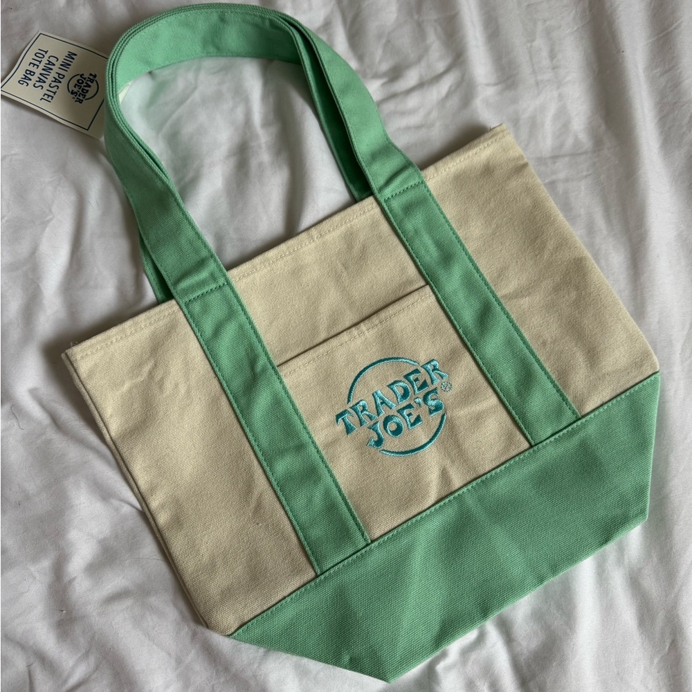 Trader Joes Cream and Green Canvas Tote with Embroidered Design